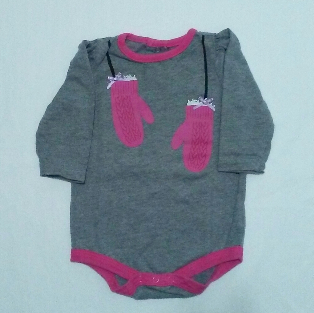 Circo 3 Months Gray Pink Mitten Graphic Long Sleeve Girls Bodysuit